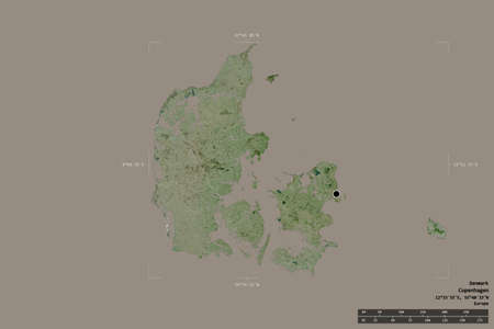 Area of Denmark isolated on a solid background in a georeferenced bounding box. Main regional...