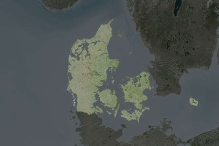 Shape of Denmark separated by the desaturation of neighboring areas. Satellite imagery. 3D rendering