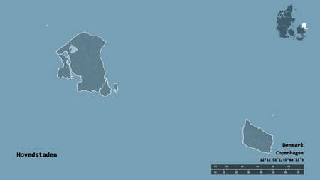 Shape of Hovedstaden, region of Denmark, with its capital isolated on solid background. Distance...