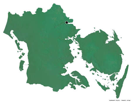 Shape of Syddanmark, region of Denmark, with its capital isolated on white background. Topographic...