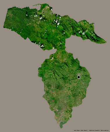 Shape of Hato Mayor, province of Dominican Republic, with its capital isolated on a solid color background. Satellite imagery. 3D renderingの写真素材