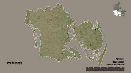 Shape of Syddanmark, region of Denmark, with its capital isolated on solid background. Distance...