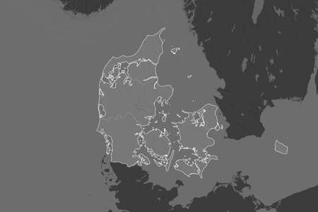 Shape of Denmark separated by the desaturation of neighboring areas. Borders. Bilevel elevation map....