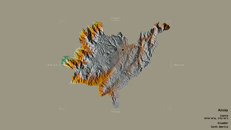 Area of Azuay, province of Ecuador, isolated on a solid background in a georeferenced bounding box. Labels. Topographic relief map. 3D renderingの写真素材