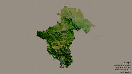 Area of La Vega, province of Dominican Republic, isolated on a solid background in a georeferenced bounding box. Labels. Satellite imagery. 3D renderingの写真素材