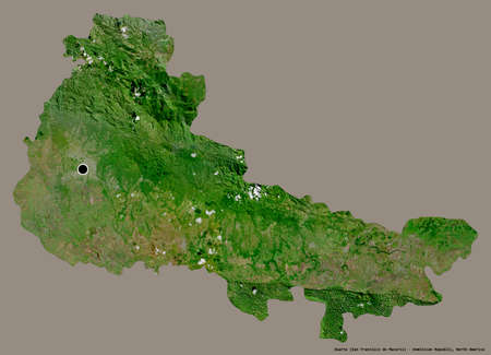 Shape of Duarte, province of Dominican Republic, with its capital isolated on a solid color background. Satellite imagery. 3D renderingの写真素材