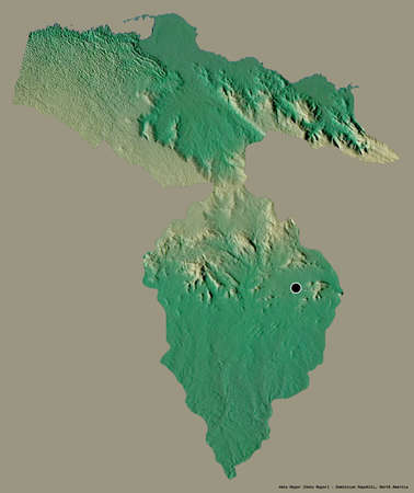 Shape of Hato Mayor, province of Dominican Republic, with its capital isolated on a solid color background. Topographic relief map. 3D renderingの写真素材