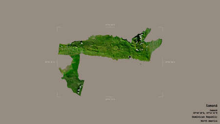 Area of SamanÃ¡, province of Dominican Republic, isolated on a solid background in a georeferenced bounding box. Labels. Satellite imagery. 3D renderingの写真素材