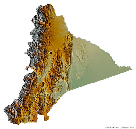 Shape of Morona Santiago, province of Ecuador, with its capital isolated on white background. Topographic relief map. 3D renderingの写真素材