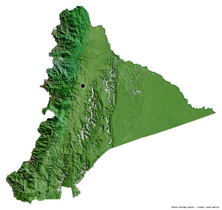 Shape of Morona Santiago, province of Ecuador, with its capital isolated on white background. Satellite imagery. 3D renderingの写真素材