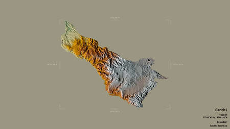 Area of Carchi, province of Ecuador, isolated on a solid background in a georeferenced bounding box. Labels. Topographic relief map. 3D renderingの写真素材