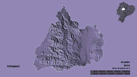 Shape of Cotopaxi, province of Ecuador, with its capital isolated on solid background. Distance...
