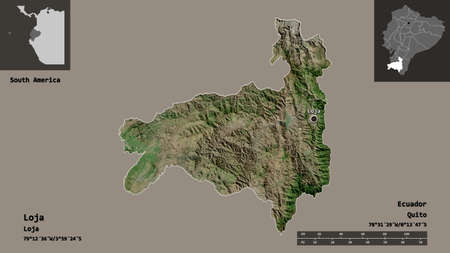 Shape of Loja, province of Ecuador, and its capital. Distance scale, previews and labels. Satellite...