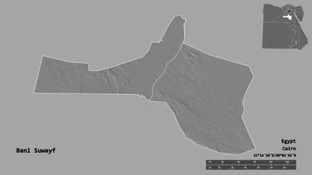Shape of Bani Suwayf, governorate of Egypt, with its capital isolated on solid background. Distance scale, region preview and labels. Bilevel elevation map. 3D renderingの写真素材