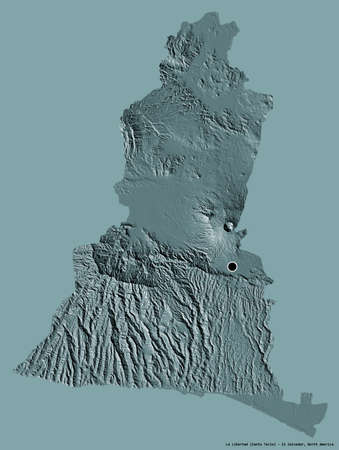 Shape of La Libertad, department of El Salvador, with its capital isolated on a solid color background. Colored elevation map. 3D renderingの写真素材