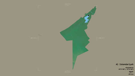 Area of Al Iskandariyah, governorate of Egypt, isolated on a solid background in a georeferenced bounding box. Labels. Topographic relief map. 3D renderingの写真素材