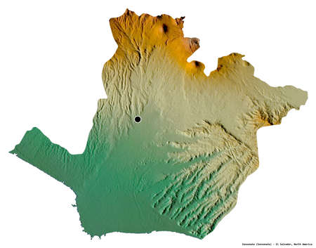 Shape of Sonsonate, department of El Salvador, with its capital isolated on white background. Topographic relief map. 3D renderingの写真素材