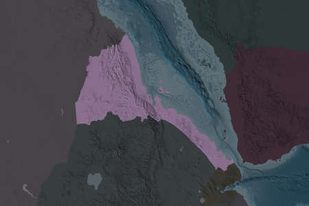 Shape of Eritrea separated by the desaturation of neighboring areas. Colored elevation map. 3D...