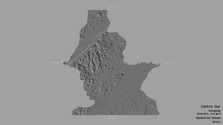 Area of Centro Sur, province of Equatorial Guinea, isolated on a solid background in a georeferenced bounding box. Labels. Bilevel elevation map. 3D renderingの写真素材