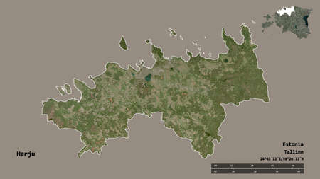 Shape of Harju, county of Estonia, with its capital isolated on solid background. Distance scale,...