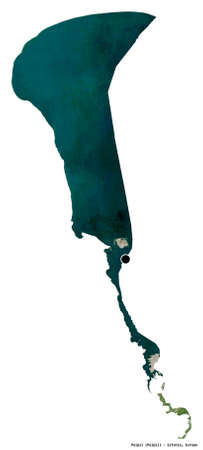 Shape of Peipsi, county of Estonia, with its capital isolated on white background. Satellite imagery. 3D renderingの写真素材