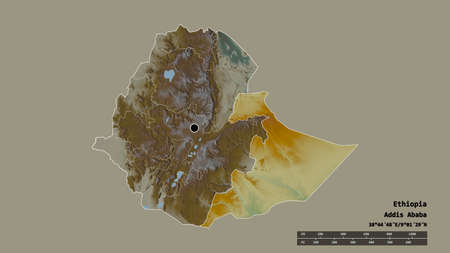 Desaturated shape of Ethiopia with its capital, main regional division and the separated Somali...