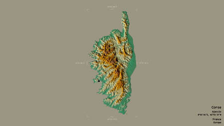 Area of Corse, region of France, isolated on a solid background in a georeferenced bounding box. Labels. Topographic relief map. 3D renderingの写真素材