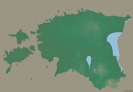 Shape of Estonia with its capital isolated on a solid color background. Topographic relief map. 3D...
