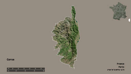 Shape of Corse, region of France, with its capital isolated on solid background. Distance scale,...