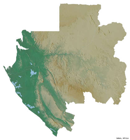 Shape of Gabon with its capital isolated on white background. Topographic relief map. 3D renderingの写真素材
