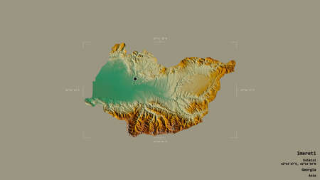 Area of Imereti, region of Georgia, isolated on a solid background in a georeferenced bounding box. Labels. Topographic relief map. 3D renderingの写真素材