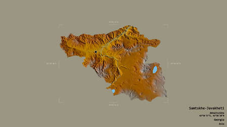 Area of Samtskhe-Javakheti, region of Georgia, isolated on a solid background in a georeferenced bounding box. Labels. Topographic relief map. 3D renderingの写真素材