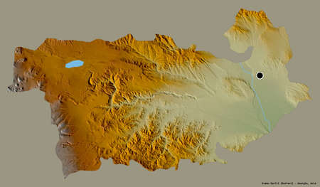 Shape of Kvemo Kartli, region of Georgia, with its capital isolated on a solid color background. Topographic relief map. 3D renderingの写真素材