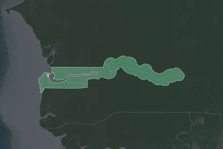 Shape of Gambia separated by the desaturation of neighboring areas. Borders. Topographic relief map....