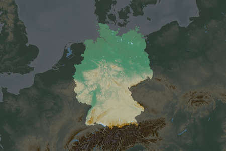 Shape of Germany separated by the desaturation of neighboring areas. Topographic relief map. 3D...
