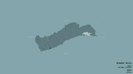 Area of Greater Accra, region of Ghana, isolated on a solid background in a georeferenced bounding box. Labels. Colored elevation map. 3D renderingの写真素材