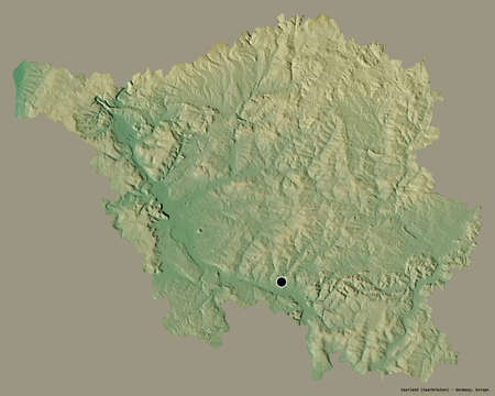 Shape of Saarland, state of Germany, with its capital isolated on a solid color background. Topographic relief map. 3D renderingの写真素材