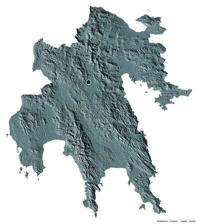 Shape of Peloponnese, decentralized administration of Greece, with its capital isolated on white background. Colored elevation map. 3D renderingの写真素材
