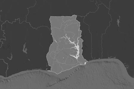 Shape of Ghana separated by the desaturation of neighboring areas. Borders. Bilevel elevation map. 3D renderingの写真素材