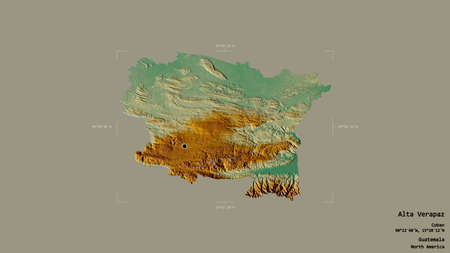 Area of Alta Verapaz, department of Guatemala, isolated on a solid background in a georeferenced bounding box. Labels. Topographic relief map. 3D renderingの写真素材