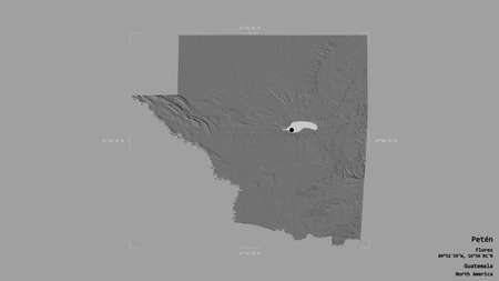 Area of PetÃ©n, department of Guatemala, isolated on a solid background in a georeferenced bounding box. Labels. Bilevel elevation map. 3D renderingの写真素材