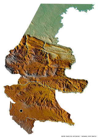 Shape of QuichÃ©, department of Guatemala, with its capital isolated on white background. Topographic relief map. 3D renderingの写真素材