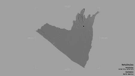 Area of Retalhuleu, department of Guatemala, isolated on a solid background in a georeferenced bounding box. Labels. Bilevel elevation map. 3D renderingの写真素材