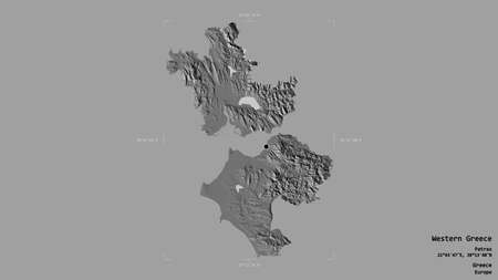 Area of Western Greece, decentralized administration of Greece, isolated on a solid background in a georeferenced bounding box. Labels. Bilevel elevation map. 3D renderingの写真素材