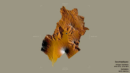 Area of SacatepÃ©quez, department of Guatemala, isolated on a solid background in a georeferenced bounding box. Labels. Topographic relief map. 3D renderingの写真素材