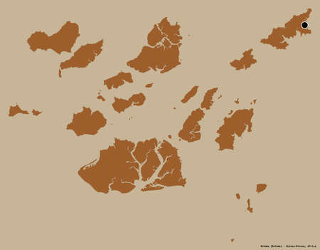 Shape of Bolama, region of Guinea-Bissau, with its capital isolated on a solid color background. Composition of patterned textures. 3D renderingの写真素材