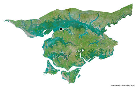 Shape of Cacheu, region of Guinea-Bissau, with its capital isolated on white background. Satellite...