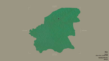 Area of Oio, region of Guinea-Bissau, isolated on a solid background in a georeferenced bounding box. Labels. Topographic relief map. 3D renderingの写真素材