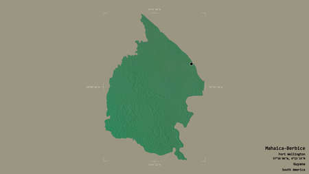 Area of Mahaica-Berbice, region of Guyana, isolated on a solid background in a georeferenced bounding box. Labels. Topographic relief map. 3D renderingの写真素材