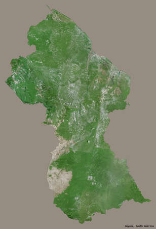 Shape of Guyana with its capital isolated on a solid color background. Satellite imagery. 3D...